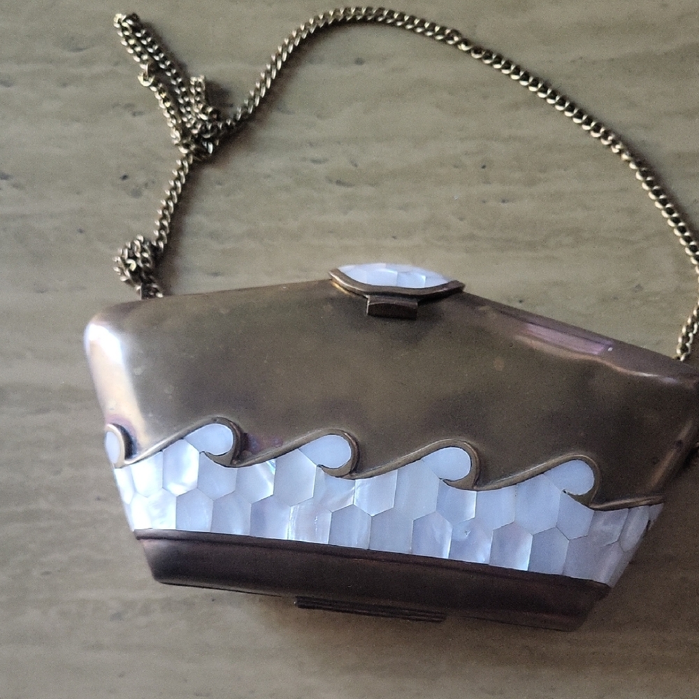 Metal Purse Art Deco, Vintage Brass 1920s Elegant Gold and White Clutch